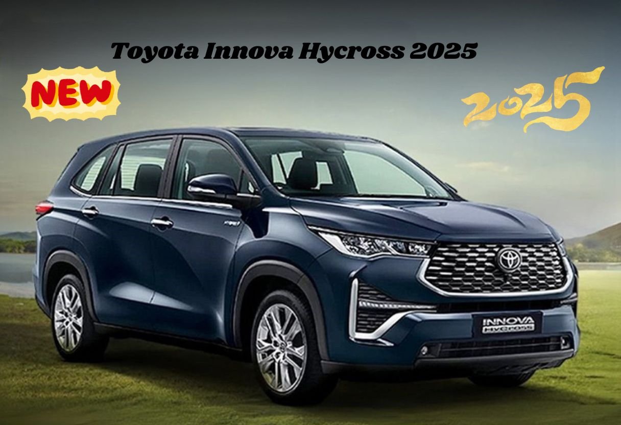 Front and side view of the Toyota Innova Hycross 2025 hybrid MPV in silver color, featuring LED headlamps, bold grille, and premium SUV styling.