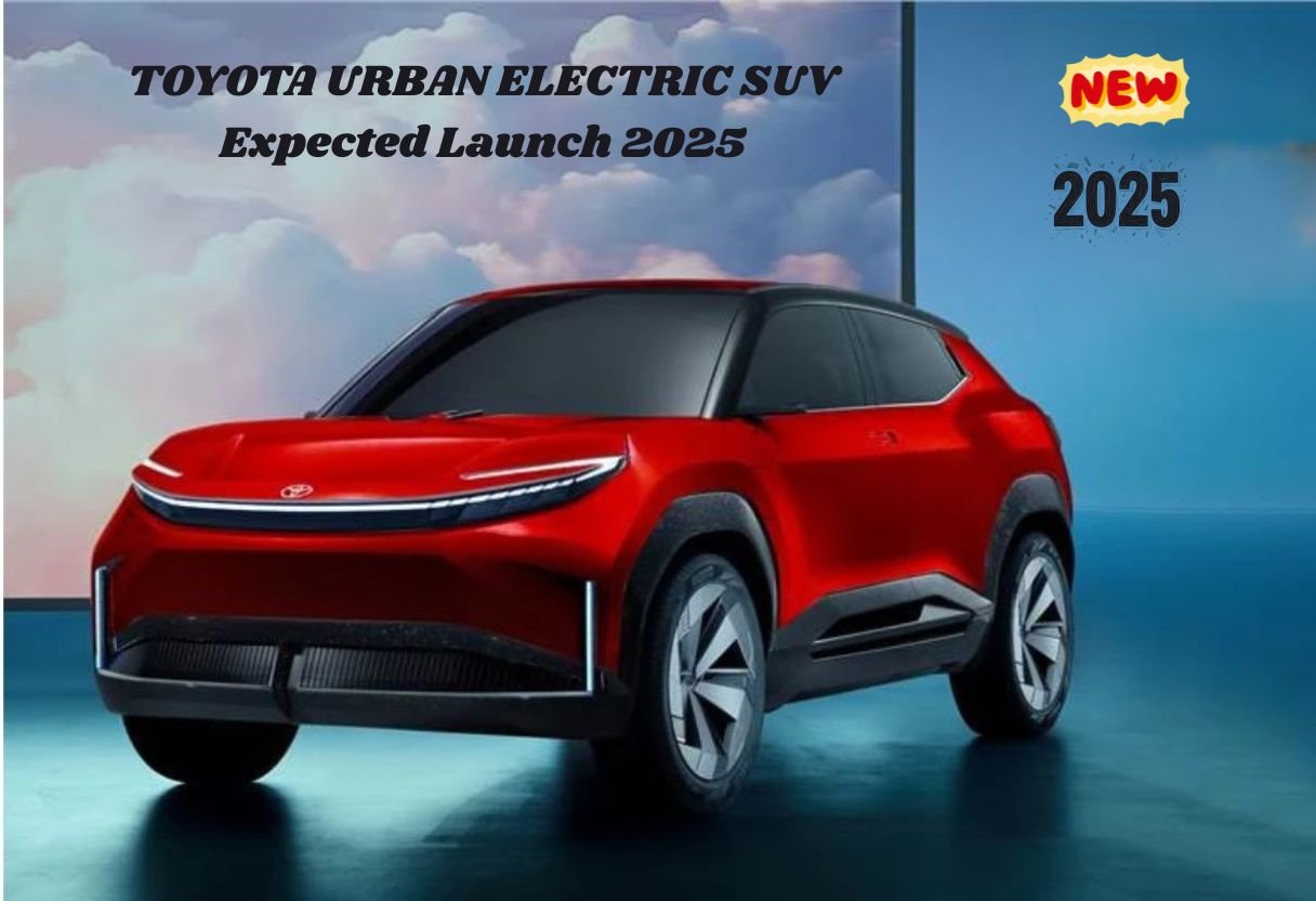 Front and side view of the Toyota Urban Cruiser EV 2025 showcasing its futuristic design and LED lighting in an urban environment.