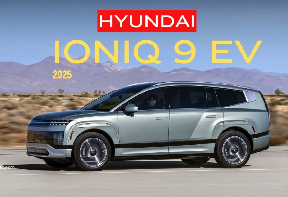 Front view of the Hyundai Ioniq 9 EV 2025 electric SUV showcasing its futuristic LED lighting, bold grille-less design, and aerodynamic body.