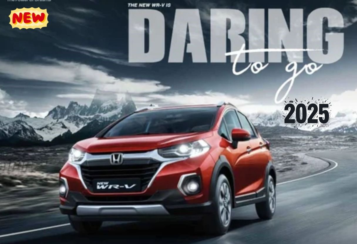 Front and side view of the all-new Honda WR-V 2025 compact SUV in red color, featuring LED headlamps and bold SUV design.