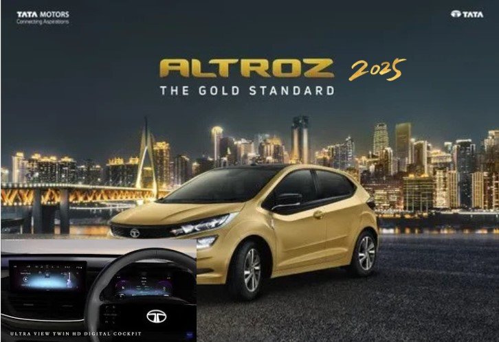 Tata Altroz 2025 premium hatchback with updated front grille, LED headlamps, and sporty alloy wheels.